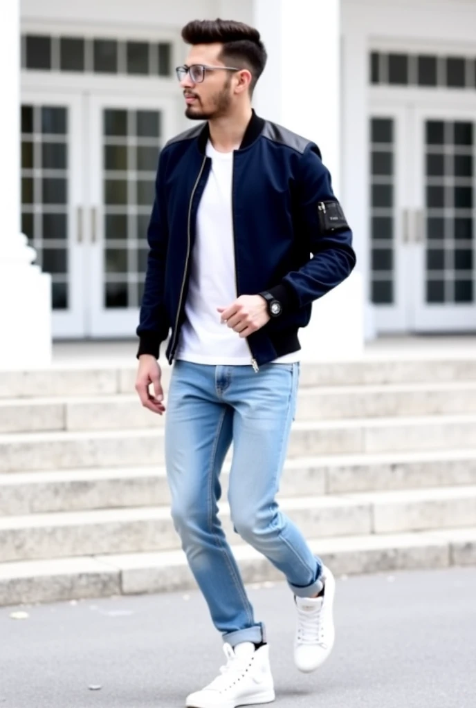 1.	Outfit:
	•	Jacket: A dark navy bomber jacket with a sleek design, possibly featuring subtle leather accents on the shoulders.
	•	Shirt: A plain white T-shirt underneath the jacket.
	•	Jeans: Light blue slim-fit jeans with a slightly faded wash and a cas...