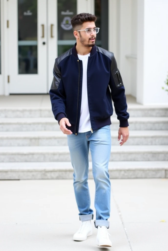 1.	Outfit:
	•	Jacket: A dark navy bomber jacket with a sleek design, possibly featuring subtle leather accents on the shoulders.
	•	Shirt: A plain white T-shirt underneath the jacket.
	•	Jeans: Light blue slim-fit jeans with a slightly faded wash and a cas...