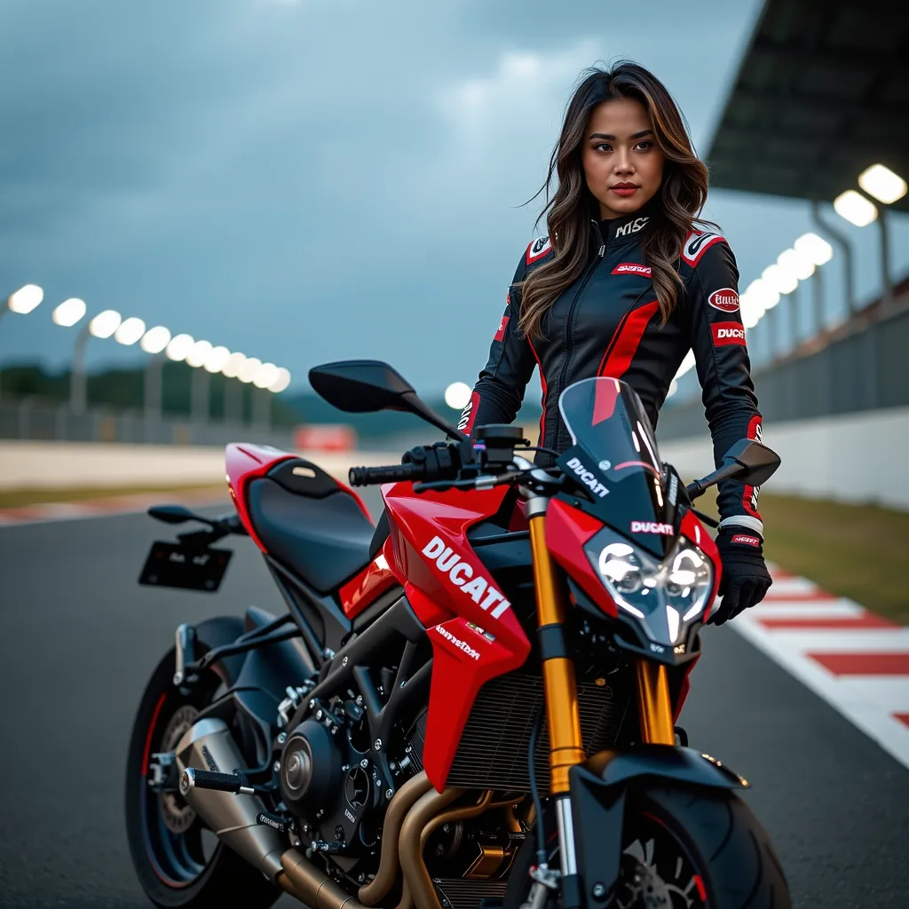 A photorealistic masterpiece in Ultra HD, capturing the allure and confidence of ((a 20-year-old Indonesian Instagram model with striking ash-gray hair:1.9)). She stands elegantly yet suggestively on a racetrack, clad in a sleek racing suit. Her pose exude...