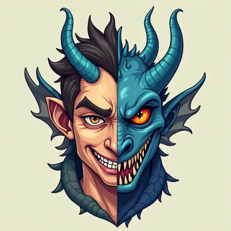  One face of a half-human half-dragon . Two are human male faces,Light-headed , Evil eyes ,teeth,Uncle face. One of two is a male face of a dragon , with a blue dragon horn , Sharp long dragon eyes ,尖銳的龍teeth. to the left is a human male face (1/2), to the...