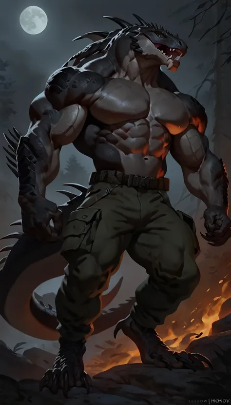 Muscular monster lizardfolk, solo, pants, mercenary, dark lizardfolk, black scaly body, gray belly, detailed abdominals and chest, strong, bara, 1male solo, anthro, muscular, open mouth, small waist, thick tail, marked jaw, pecs, big pecs, military pants, ...