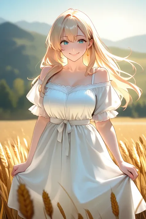  1 girl, 20 years old, Tall and attractive, Wearing a cute country dress, , It stands in a rustic farmhouse setting . She is kind, A kind smile and expressive eyes.  There is a charming barn in the background ,  Golden wheat fields and clear blue skies  . ...