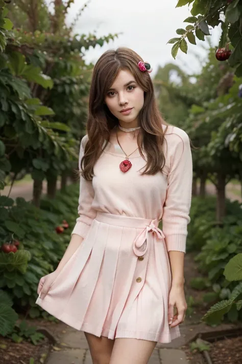 Make a picture of a cute girl ,  with brown hair with a pink ribbon ornament ,  wearing a pink knit dress with a little circular decoration around the neck with a pleated skirt as her underlay, standing in a strawberry garden , , HD. 