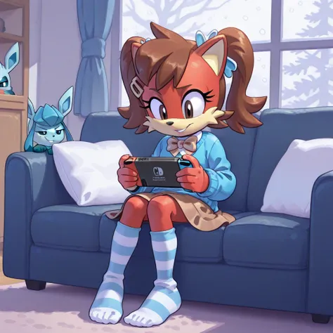 1girl, Fiona The Fox, brown eyes, hair ornament, twintails, hairclip, striped socks, kneehighs, bowtie, blue sweater, brown skirt, ((no shoes)), relaxing, playing videogames, holding nintendo switch, couch, window, snowing outside, glaceon_(pokemon), smile...