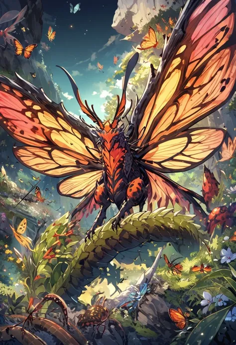 The world of lava , A dragon with wings like a bug, Insect Wings, Lots of bugs , Wings of insects and dragons