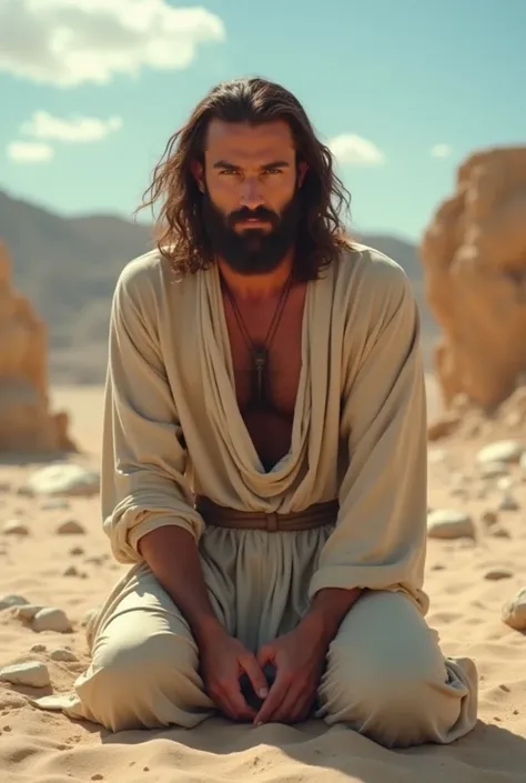 " A serene and strong looking man ,  with long brown hair slightly wavy and full beard ,  kneeling in a desert environment under daylight . He wears a simple beige tunic , and his gaze is deep and expressive ,  transmitting intense emotions of compassion a...