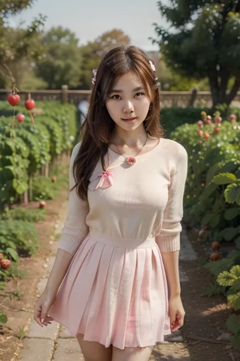 make a picture of a cute korean girl with bright and soft white skin,  with brown hair with a pink ribbon ornament ,  wearing a pink knit dress with a little circular decoration around the neck with a pleated skirt as her underlay, standing in a strawberry...