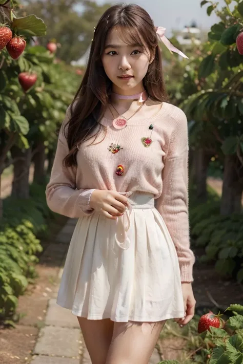 make a picture of a cute korean girl with bright and soft white skin,  with brown hair with a pink ribbon ornament ,  wearing a pink knit dress with a little circular decoration around the neck with a pleated skirt as her underlay, standing in a strawberry...