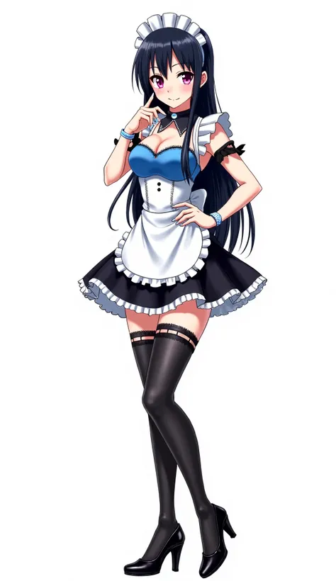 Japanese anime age woman with long straight black hair and intense magenta eyes and light blue nails and white watch and wears a maid's outfit (maid). Her clothing is quite revealing ,  consisting of a blue bra with white details ,  a short black skirt wit...