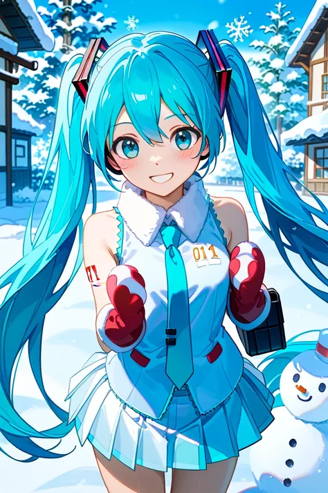       high quality  、      No posts           、   Masterpiece、1 person、woman 、       Hatsune Miku 、    Light Blue Hair 、       Long Twin Tails  、  Happy smile 、   create perfect body line            、         Please make an anatomically accurate figure    ...