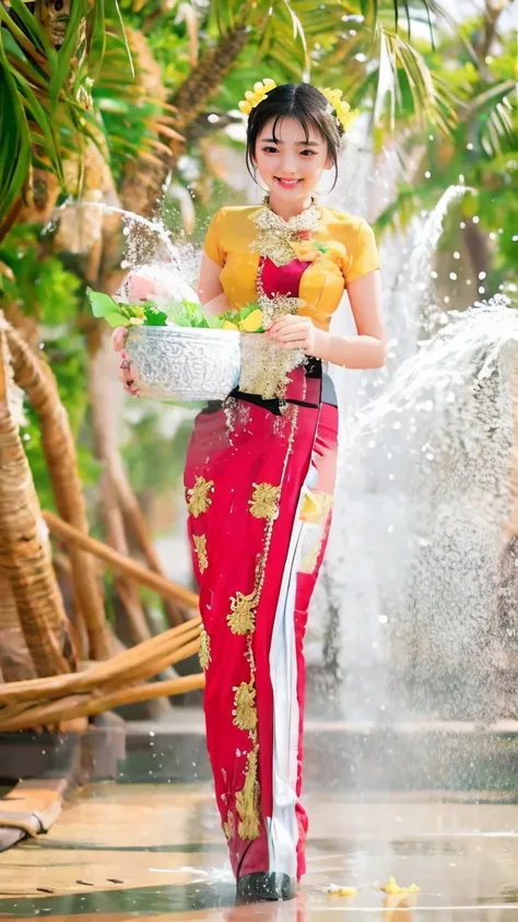 A beautiful Burmese girl is wet with water and looking at the photographer with a smiling face. Everyone wants to love her because of her curvy body. Clear and high resolution, flawless photo editing. Natural scenery HD 3D.