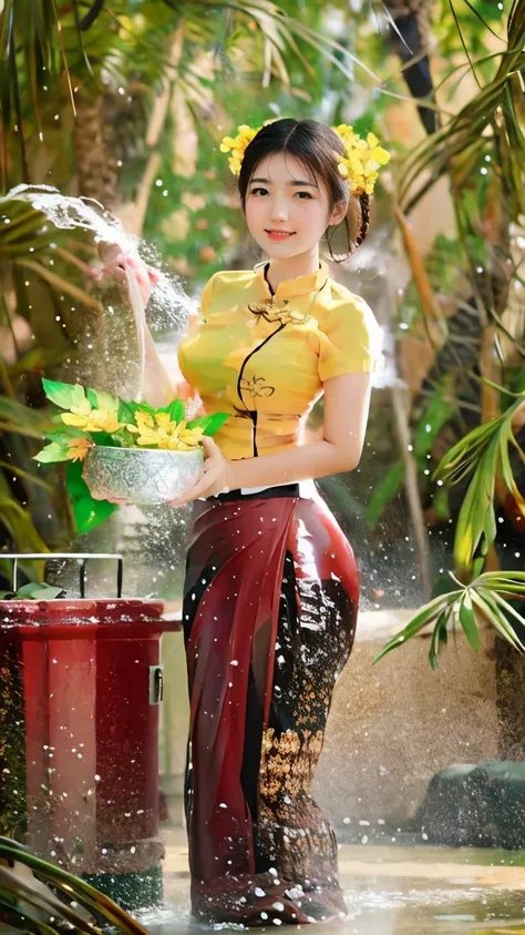 A beautiful Burmese girl is wet with water and looking at the photographer with a smiling face. Everyone wants to love her because of her curvy body. Clear and high resolution, flawless photo editing. Natural scenery HD 3D.