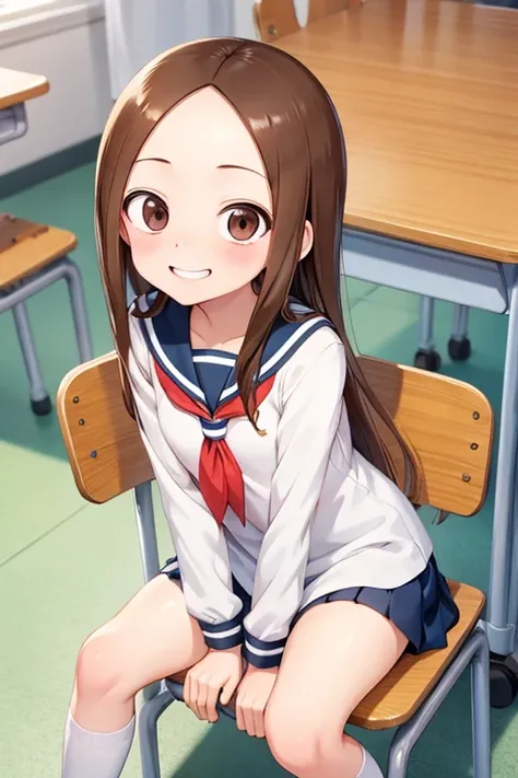 (takagi-san )
 upper body： sailor suit
lower body：
 subject size ：Girl
background ：school classroom
Time ：Sunlight
expression ： evil smile
posture ： sit on a chair