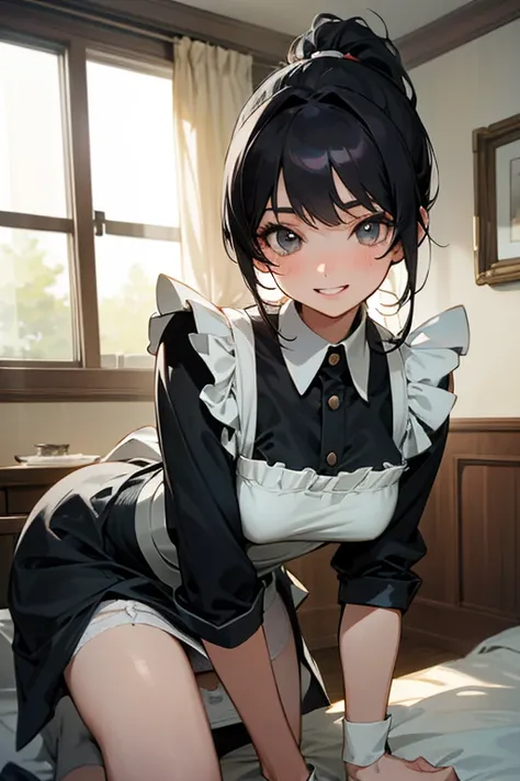 ( highest resolution,  clear _ images)  top quality,  single,  one woman,  alone,  Masterpiece, very well detailed ,  Semi Realistic,   black hairのショートヘア,   black hair, bangs, 1,  matured, light blue uniform, uniform, Indoor Background, kind, Dignified, Po...