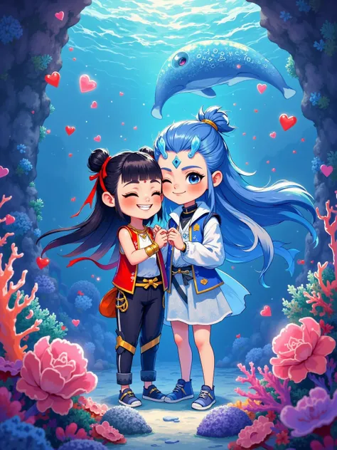  cleverly composed an affectionate love poem on Valentine's Day ， The fluorescent blue deep sea canyon is like a dream 。Nana wearing a rose-adorned wetsuit，With the translucent dragon girl who radiates a radiant glow of love ， The passionate and creative t...