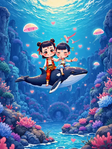  cleverly composed an affectionate love poem on Valentine's Day ， The fluorescent blue deep sea canyon is like a dream 。, Nana dressed in a rose-adorned wetsuit，With the translucent dragon girl who radiates a radiant glow of love ， The passionate and creat...