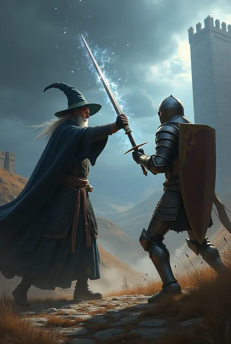 A wizard has swung his sword at a knight