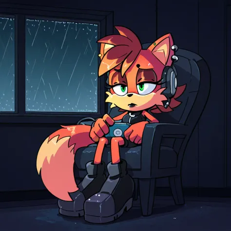 Fiona The Fox, ginger fur, emerald eyes, black lipstick, black eyebrows, silver piercings on eyebrow, fox tail, sitting in a chair, in front of a pc (music player), led headset, closed eyes, relaxing, dark bedroom, night, window, rain, by diives