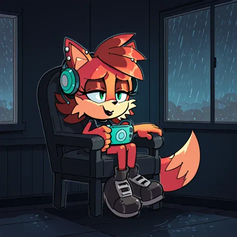 Fiona The Fox, ginger fur, emerald eyes, black lipstick, black eyebrows, silver piercings on eyebrow, fox tail, sitting in a chair, in front of a pc (music player), led headset, closed eyes, relaxing, dark bedroom, night, window, rain, by diives