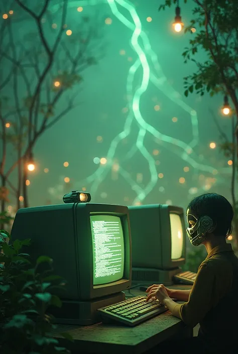 "A dreamy, softly glowing scene filled with old CRT computer monitors, their screens flickering with green code. Robots with round, expressive eyes help humans assemble devices, moving gracefully as if part of nature. The world becomes interconnected with ...