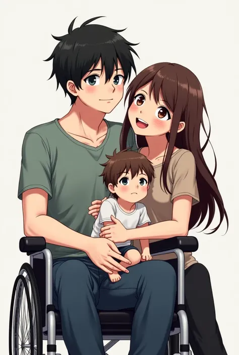 Anime is a very handsome man sitting in a wheelchair with black hair and white colored eyes. He has a small mole under his eyes and winks with his wife. Her hair is brown and her eyes are brown with their baby son. His hair is brown and his eyes are gray