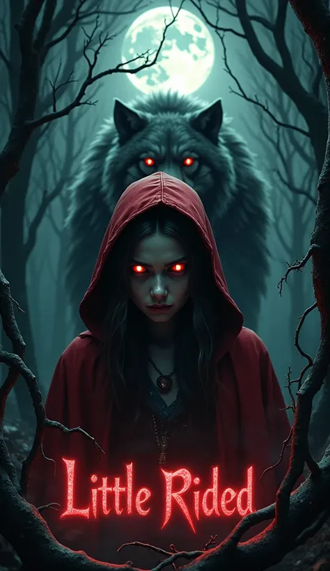 Image set deep in a dark, foreboding forest. In the foreground is an evil version of Little Red Riding Hood, her facial expression is creepy and threatening. Behind her lurks a large, scary wolf, its eyes glowing in the dim light. The background features t...