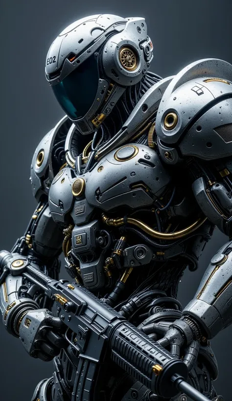 A highly detailed, hyperrealistic, close-up of a futuristic cyborg soldier. The cyborg is positioned in a dynamic stance, showcasing intricate mechanical details, including a complex exoskeleton made of dark grey and black metal, and numerous rivets, pipes...