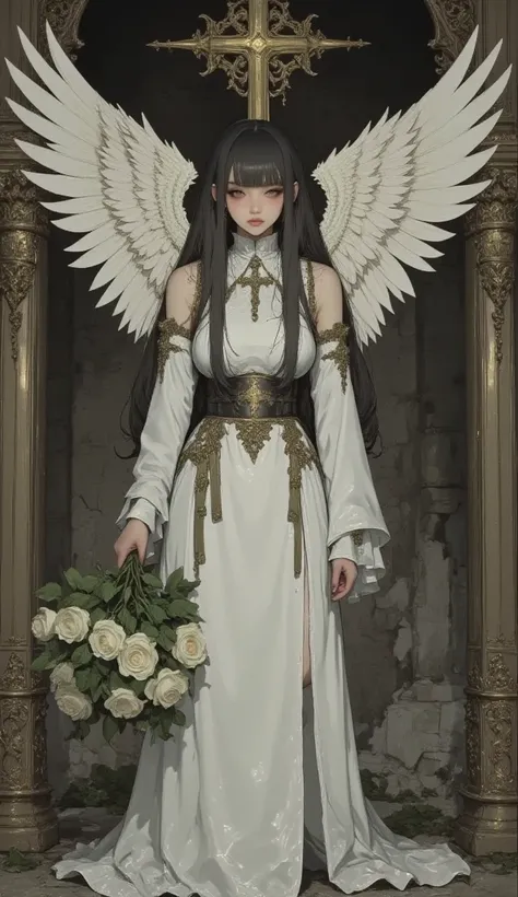 ,   rough stroke animation   , Ancient, Collapsing ruins ,   The huge altar is majestic  ,    In a dimly lit room   .  Wedding Dress ,   a goddess with magnificent wings appears  ,   Her figure shines 、Inspires awe . Her wings, 、  Delicate Feather Details ...