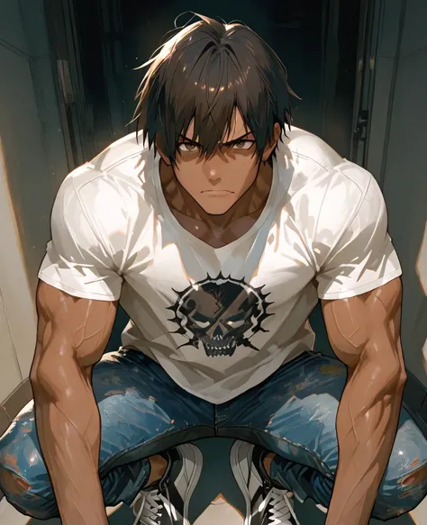 Create a tall, male, anime-style character with dark to dark skin, medium-length, slightly disheveled black hair, intense brown eyes, and a defiant expression. He has a strong, toned body with defined muscles. His clothing is casual and a little messy: a l...