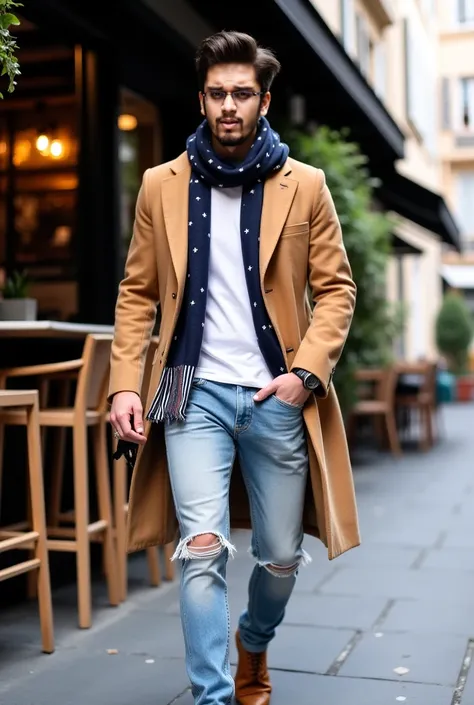 1.	Outfit:
	•	Coat: A camel-colored long overcoat made from wool, giving a polished and classic appearance.
	•	Scarf: A navy-blue scarf with small white patterns and striped edges draped around the neck, adding warmth and sophistication.
	•	Shirt: A plain ...