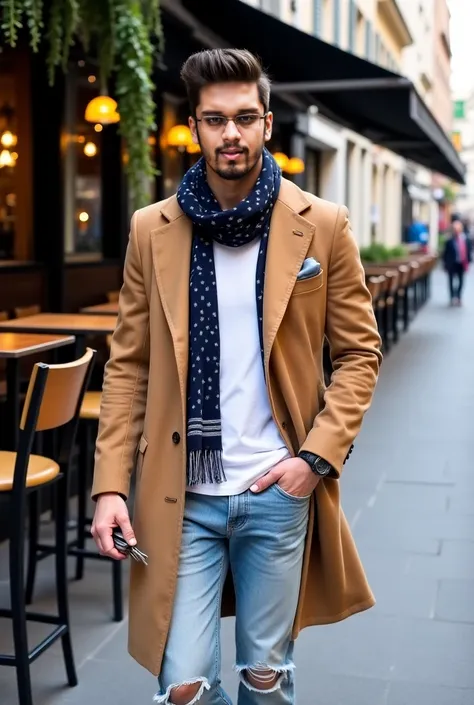 1.	Outfit:
	•	Coat: A camel-colored long overcoat made from wool, giving a polished and classic appearance.
	•	Scarf: A navy-blue scarf with small white patterns and striped edges draped around the neck, adding warmth and sophistication.
	•	Shirt: A plain ...