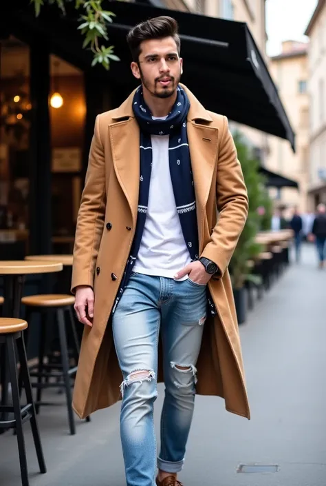 1.	Outfit:
	•	Coat: A camel-colored long overcoat made from wool, giving a polished and classic appearance.
	•	Scarf: A navy-blue scarf with small white patterns and striped edges draped around the neck, adding warmth and sophistication.
	•	Shirt: A plain ...