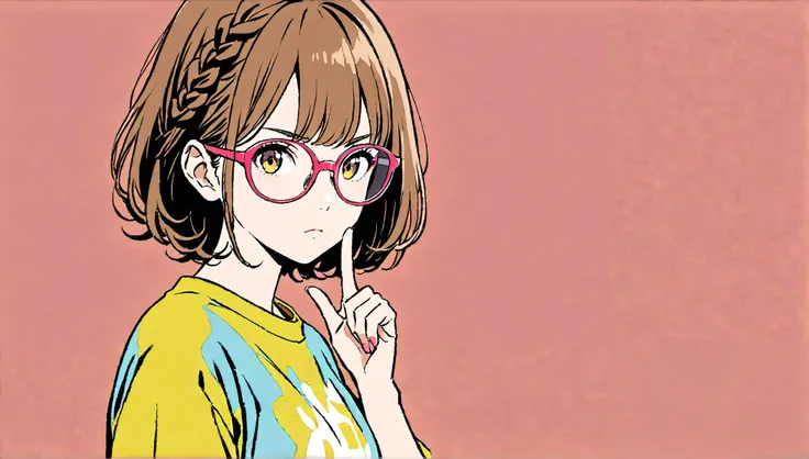 (( hand sign)),(Pop Color)),Glasses、(( brown hair))、masterpiece, (((Place your index finger between your eyebrows)),((( expressionless )))、Highest quality, Beautiful attention to detail, Very detailed, In detail, High resolution, Perfect Anatomy, , , girl,...