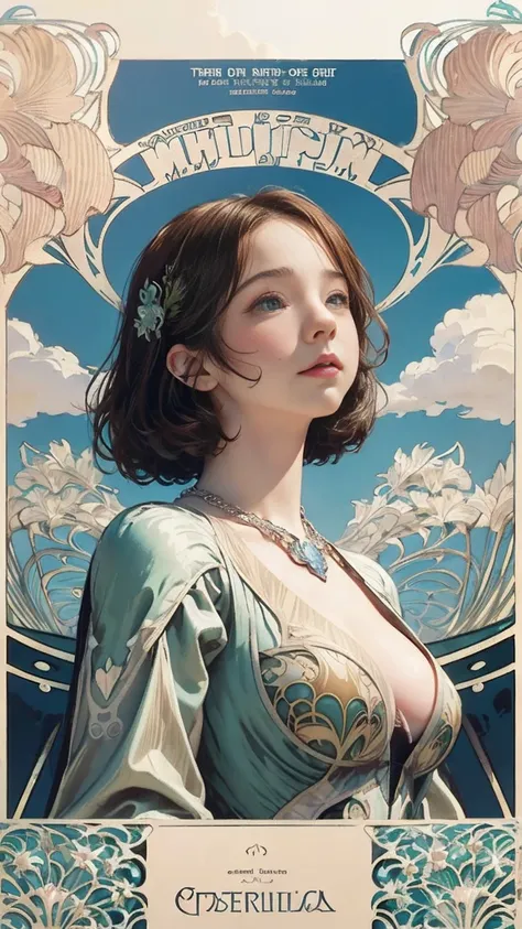 Emma Myers,   top quality, 1 girl, Alone,  light brown hair,  necklace, (illustration cloud background ), ( art nouveau style poster:1.25),  look above, Intense Perspectives , Playing with the camera, Big Breasts、cybercyberpunk、