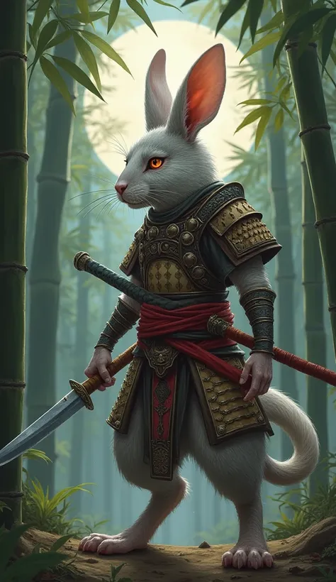 Here’s a hybrid fusion prompt combining the Rat Warrior and Rabbit Warrior into a single powerful entity:  

*"A fearsome fusion of the Rat Warrior and Rabbit Warrior stands in the heart of an ancient bamboo forest, an embodiment of both cunning and honor....