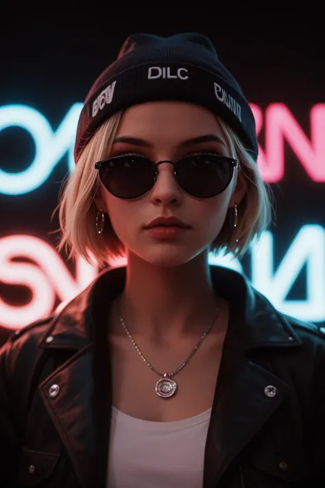 Face close up, alternative girl, watching over black sunglasses, jacket, necklace, neon light reflections on skin, ear ring, makeup, skin imperfection, short hair, beanie, neon lights background, low light, depth of field, highly detailed, high contrast, f...