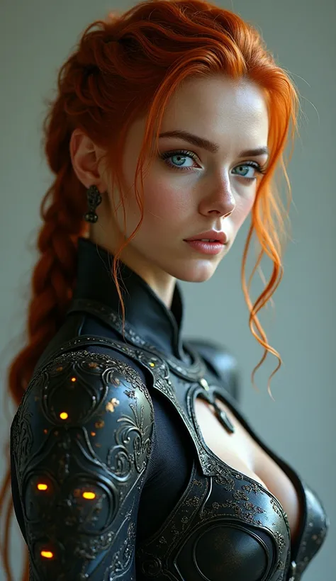 A realistic fierce beautiful woman in her 35s, copper-red hair braided, athletic slim well formed body. She wears light magitech armor that's engraved with aesthetic qualities, ocean blue eyes, flirty and wild attitude 