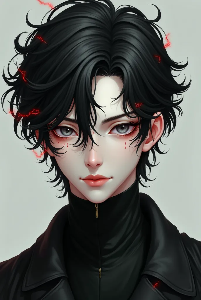 Tall black-haired boy with a few red locks and gray eyes 