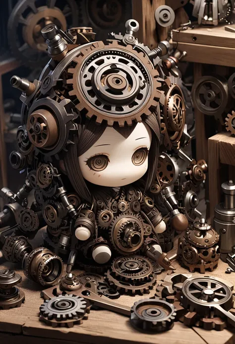 Craftsmanship that gives life to imperfect karakuri dolls, In an aged wooden workshop a sinister craftsman is focused on fitting delicate parts into a half-completed karakuri doll lying on the workbench, The intricate gears and metal parts of the doll are ...