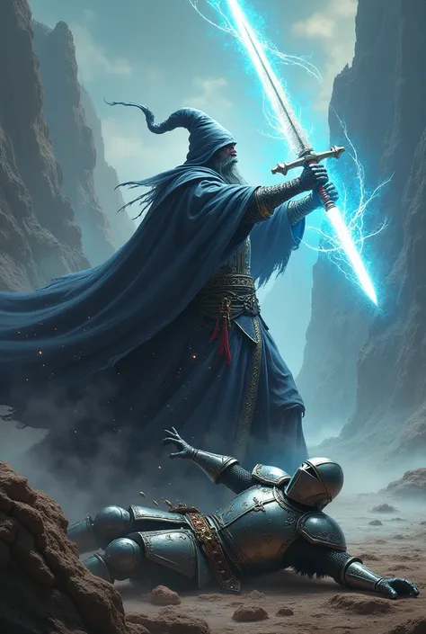 A wizard is swinging his sword toward a knight, who is on the ground