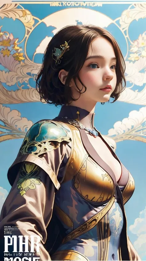 Emma Myers,   top quality, 1 girl, Alone,  light brown hair,  necklace, (illustration cloud background ), ( art nouveau style poster:1.25),  look above, Intense Perspectives , Playing with the camera, Big Breasts、 cyberpunk、armor、金と黒のarmor、