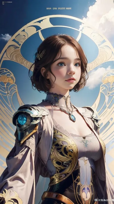 Emma Myers,   top quality, 1 girl, Alone,  light brown hair,  necklace, (illustration cloud background ), ( art nouveau style poster:1.25),  look above, Intense Perspectives , Playing with the camera, Big Breasts、 cyberpunk、armor、金と黒のarmor、