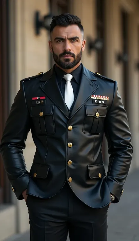  Handsome and muscular Turkish policeman strong and muscular legs, large lump ,  in leather police suit with white tie handsome ,  close,   perfect face,  Realistic, large lump en una oficina moderna y minimalista, very handsome, 28 years old, super muscul...