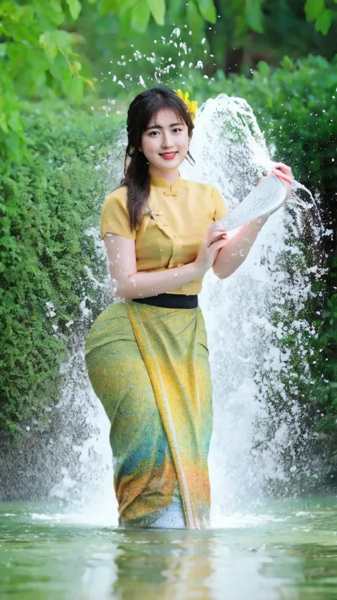 A beautiful Burmese girl is wet with water and looking at the photographer with a smiling face. Everyone wants to love her because of her curvy body. Clear and high resolution, flawless photo editing. Natural scenery HD 3D.