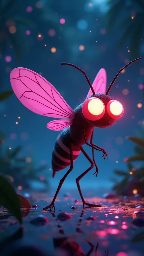 ** Prompt for Animation : "Muriçoca SOCA - A dance Eletrizante!"**  

**scenario:**  A tropical party at night ,  in an illuminated swamp Through firefly lights and shiny leaves .  at the city centre, **Zeca,  Muriçoca ** ( a stylized mosquito ,  with big,...