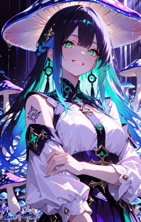 1girl,solo,black_hair,blue_hair,multicolor_hair, detached_sleeve, green_eyes, eyelashes, crossed_arm, hair_accessories,french_braids, stylish_hair, teeth, evil_smile, long hair, floating_hair, tattoo_on_body, breasts, small_mushrooms, many_mushrooms, giant...