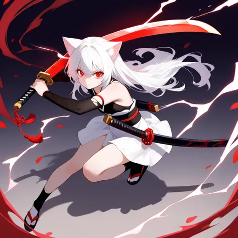  white hair, cat ears, small , Japanese sword with red blade, neutral girl, pale white electricity spills out　 My hair is just a little long　Put your hand on the Japanese sword on the lower back scabbard　 lower your hips with your left foot forward and you...