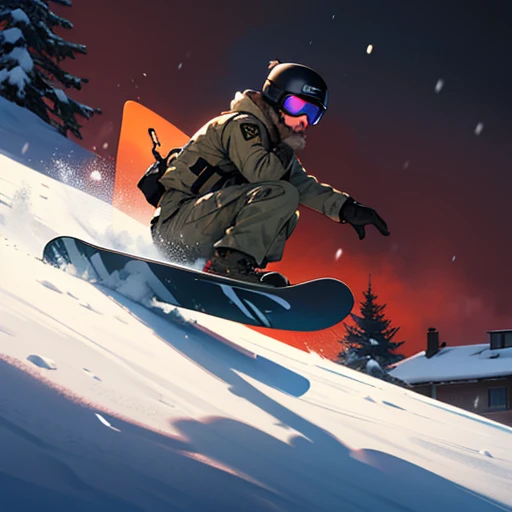 a man in army with black ring beard with a snow helm snowboarding on a giant pickle from a roof of a barracks,soldiers training infront of the barracks dark red background