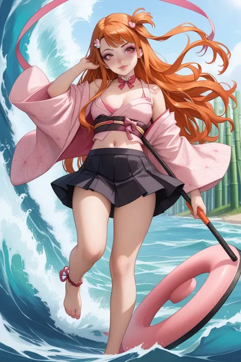 For a Nezuko Kamado-inspired outfit for Orihime Inoue, while keeping her navel and feet visible, here’s the design:

Top

A cropped, pink-patterned kimono top, featuring Nezuko’s signature geometric design but shortened to expose Orihime’s navel.

A black,...