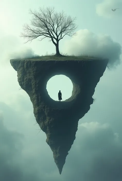 This is a surreal digital artwork depicting a floating, inverted rocky island with a circular hole in its center. A lone tree with bare branches stands at the edge of this hollow, silhouetted against the sky. A solitary figure stands beneath the tree, addi...